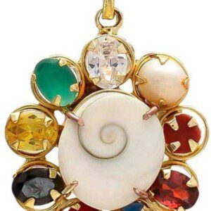 Dirghaanshi Navratna Gomti Chakra Brass Pendant for Men and Women Gold-plated Pearl, Moonstone, Coral, Sapphire, Diamond, Emerald Brass Locket Wood Necklace Set